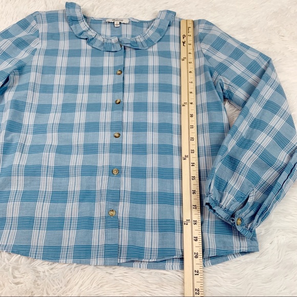 Madewell Ruffle-Neck Top in Colwell Plaid long sleeves  button front blue - Picture 4 of 10